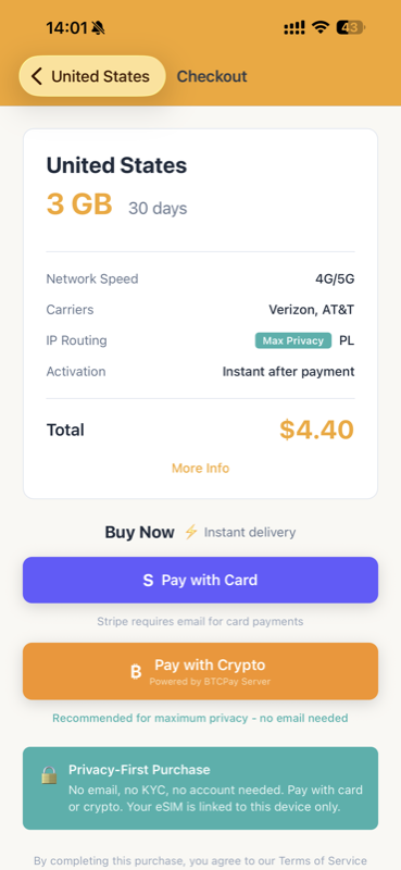 PikaSim app eSIM details screen