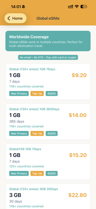 PikaSim app home screen showing eSIM packages