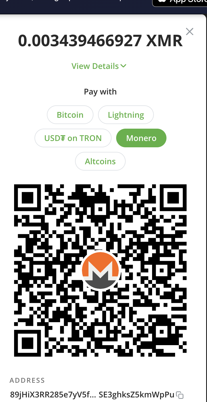 BTCPay Server checkout page showing Monero selected with QR code and XMR amount