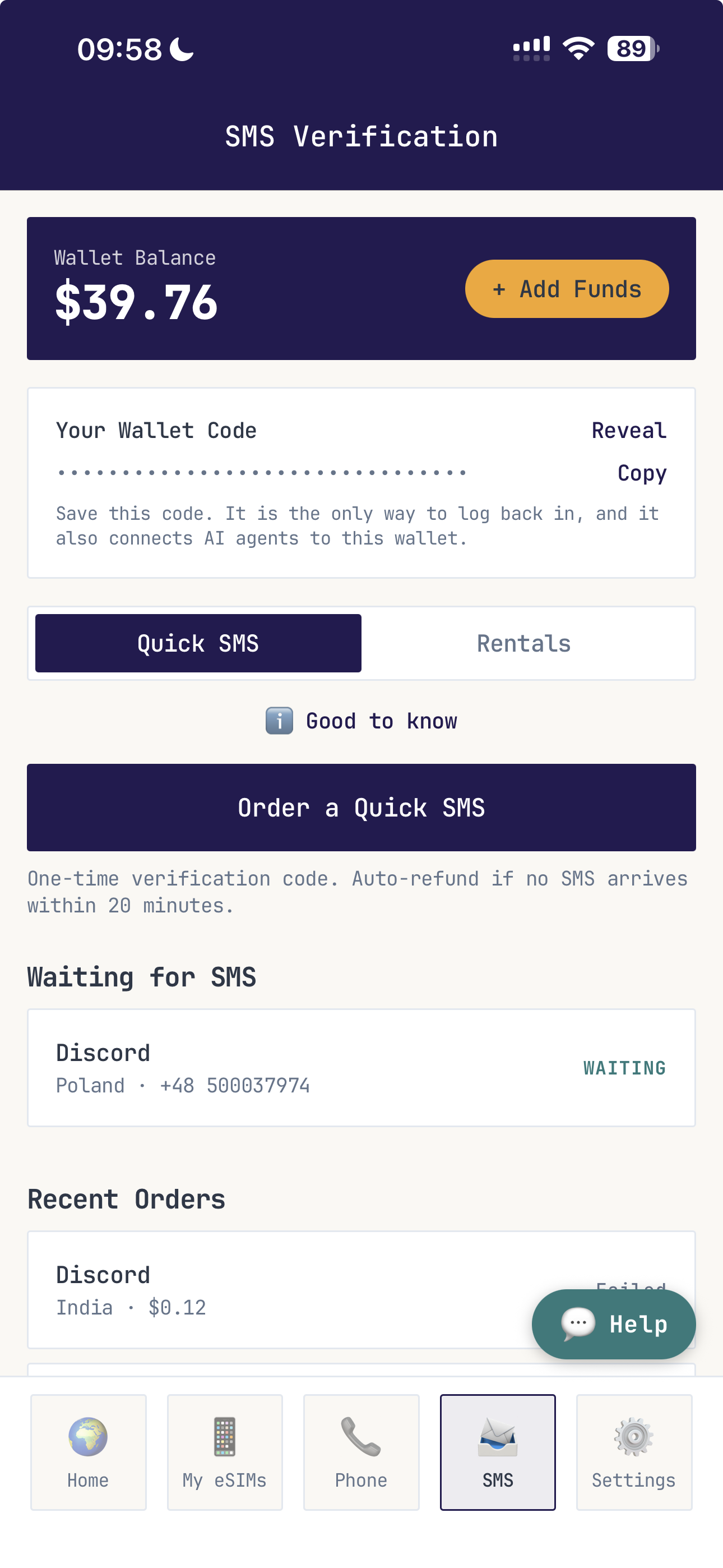 The SMS Verification screen in the PikaSim mobile app, showing the in-app wallet balance, a wallet code, Quick SMS and Rentals tabs, an order button, and a number waiting for its verification code.