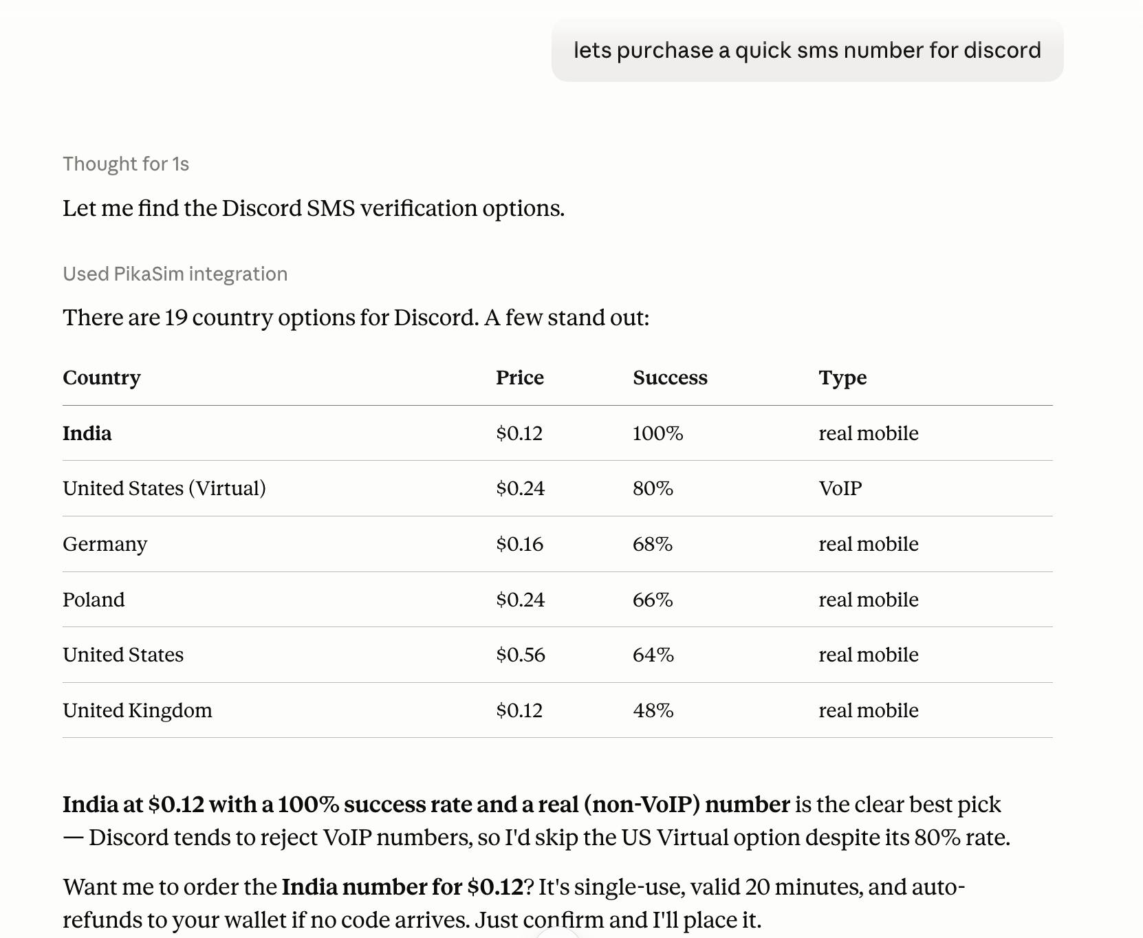 An AI agent using PikaSim's MCP integration to find and compare quick SMS verification numbers for Discord across countries, showing price, success rate, and whether each is a real mobile or VoIP number.